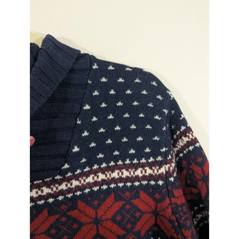 Lands End Men's Lambswool Cable Knit Fair Isle Sweater Navy Shawl Collar Sz XL